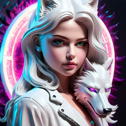 Prompt: selena gomez lookalike, 3d art, 8k, abstract neon background, half face of white wolf, with atlantian glowing fonts in circular appearence