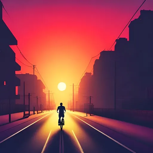 Prompt: neon background of sun rise with tall buildings and man riding a bike  on an empty road
