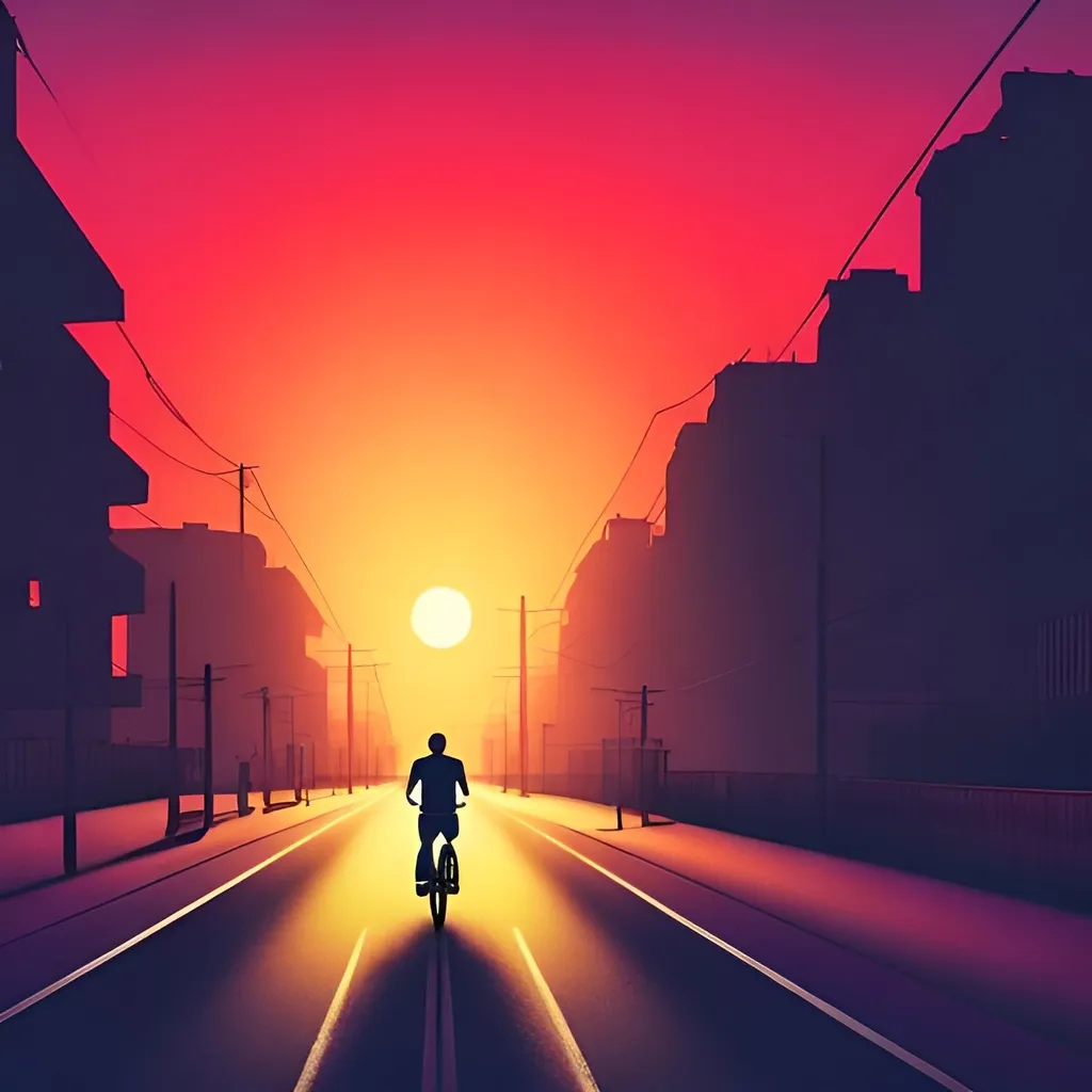 Prompt: neon background of sun rise with tall buildings and man riding a bike  on an empty road
