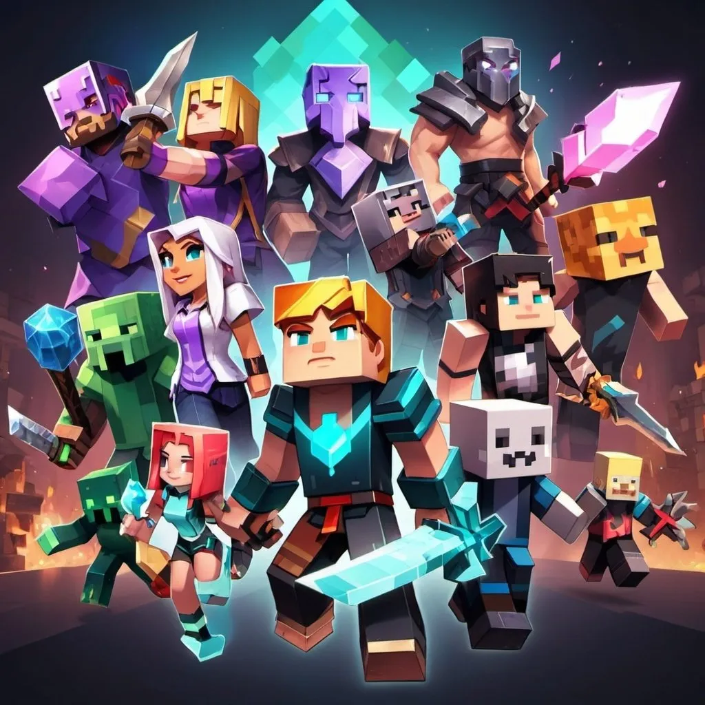 Prompt: Image containing a group of people, include elements from league of legends, minecraft and valorant