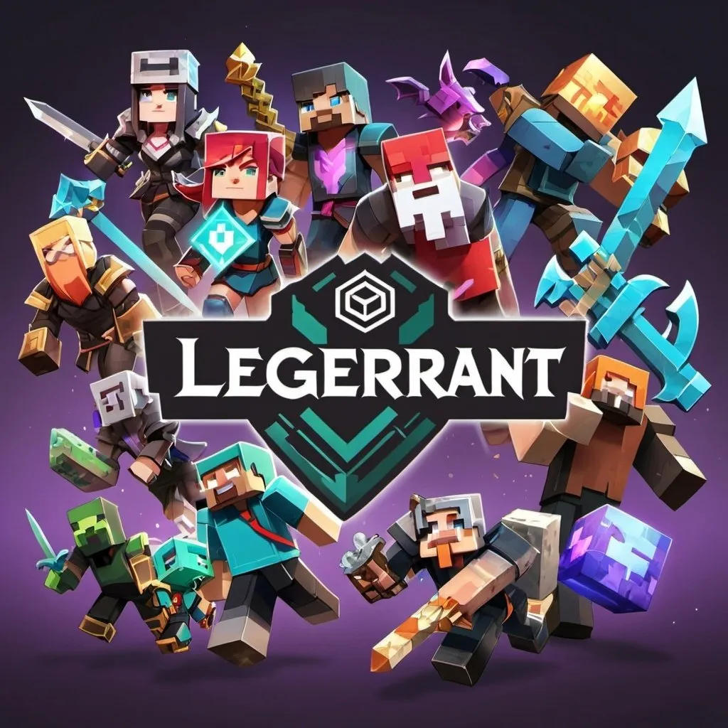 Prompt: Image containing a group of people, include elements and logos with letters from league of legends, minecraft and valorant