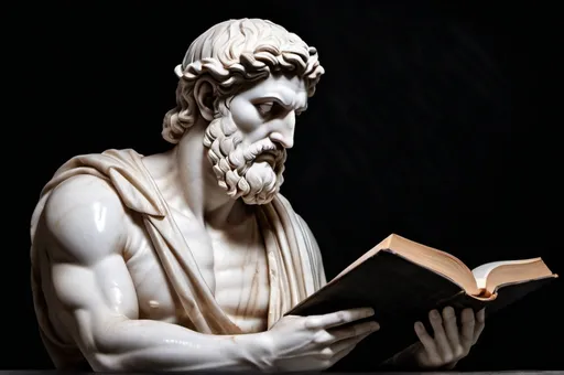 Prompt: Please create an image Greek style marble statue of an masculine, serious, stoic male that is holding a book and is reflecting upon the information from the book. With a dark mysterious background