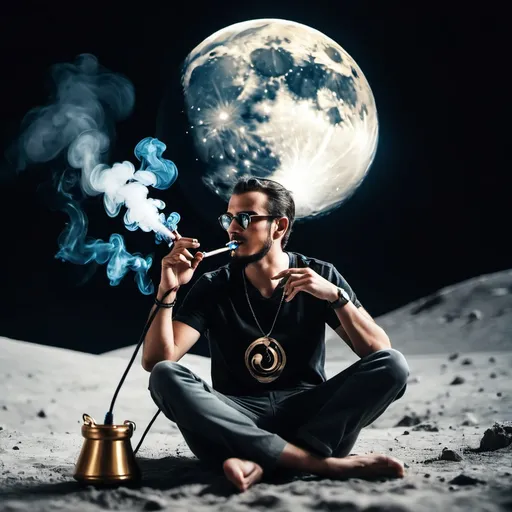 Prompt: a man sitting on the moon smoking hookah 
