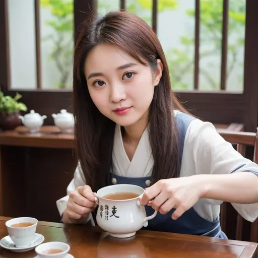 Prompt: 画一个穿着睡衣的中国女孩在喝下午茶
