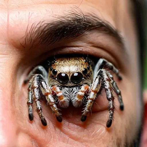 Prompt: Man with a jumping spider eyes 