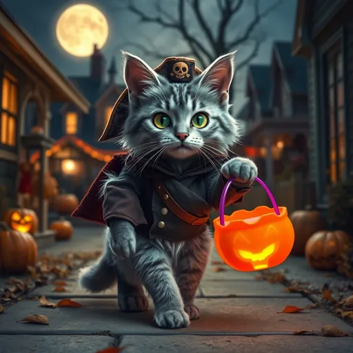 Prompt: (photorealistic) anthropomorphic human-like semi long  and grayish black fur, light grey green eyed tabby cat, walking upright, celebrating Halloween, knocking on house doors trick or treating, wearing a pirate costume, vibrant orange and purple candy bucket in hand, illuminated by a glowing moon, surrounded by decorated houses and scattered autumn leaves, spooky yet cheerful ambiance, (ultra-detailed), (high resolution) image, evoking a sense of fun and excitement.