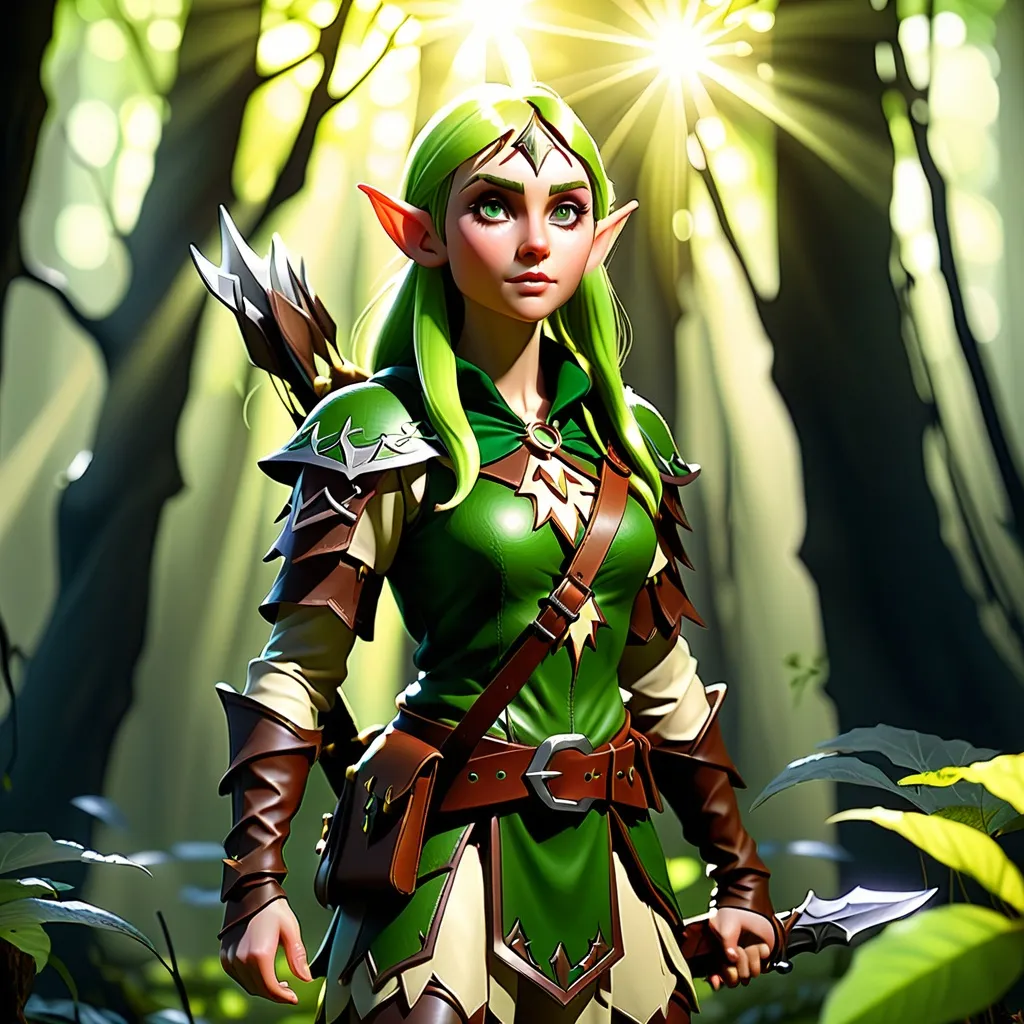 Prompt: Elf ranger in a mystical forest around sunlight