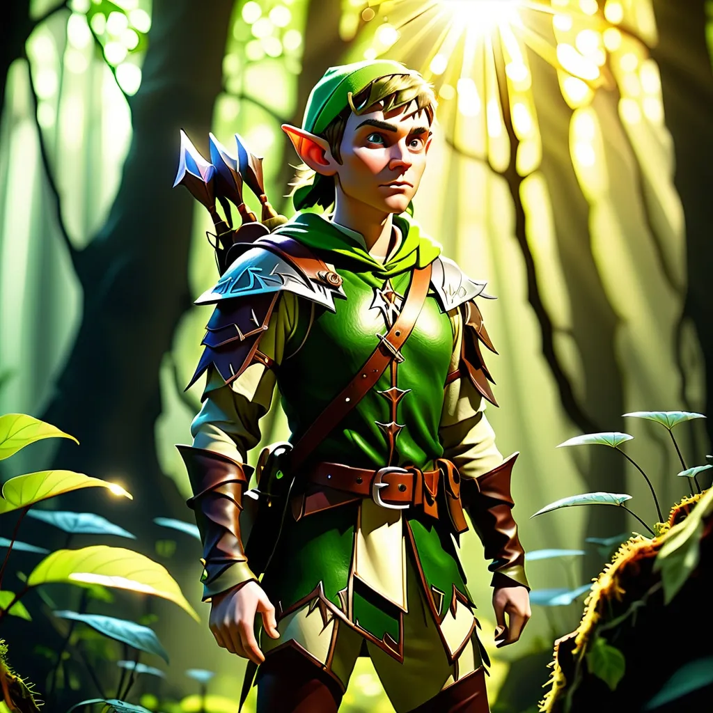 Prompt: Elf ranger in a mystical forest around sunlight