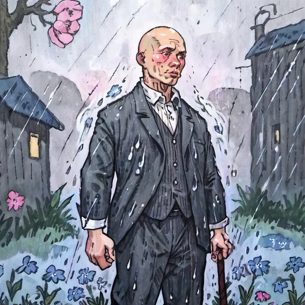 Prompt: bald peaky blinder surrounded by light blue, pink flowers. with yakuza blue tattoos in his face with rain behind him in spring