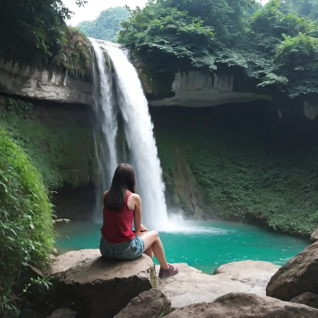 Prompt: A girl is sitting the next of waterfall