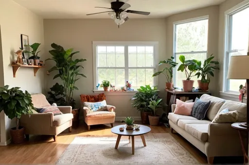 Prompt: cozy living room (natural light), toys scattered around, plants, and a duster