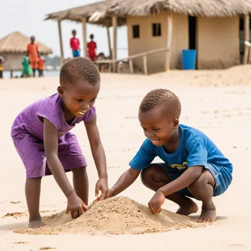 Prompt: Children aged 1-12 years playing on sand by the beach in a local region of Nigeria 