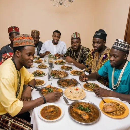 Prompt: 6 Nigeria men aged 25, 35, 45, 45, , 55, 65,
Sitting at a dinner table eating a meal with main dish catfish dressed in 6 different Nigerian tribal attire 