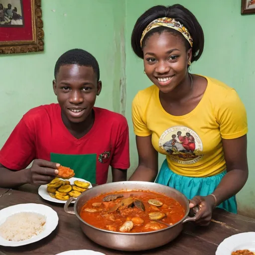 Prompt: A young man aged 18 years and a young woman aged 14 years eating tomato stew with boiled catfish and fried plantains in a Nigerian home parlor