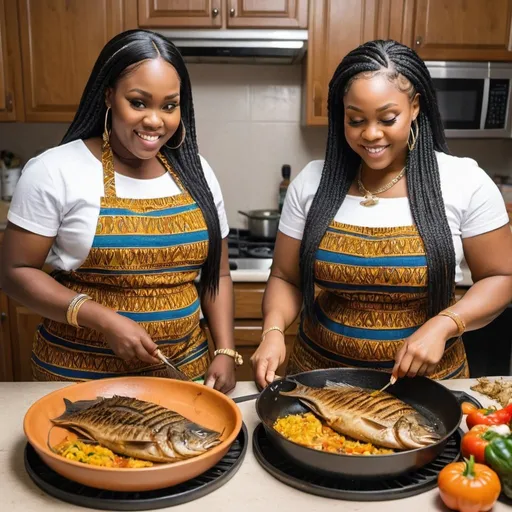 Prompt: 2plump women cooking grilled catfish dressed  in rivers attire with Ghana weaving and relaxed hair