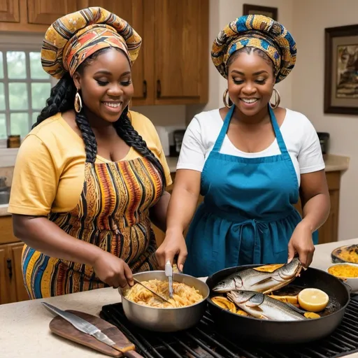 Prompt: 2plump women cooking grilled catfish dressed  in rivers attire with Ghana weaving and relaxed hair