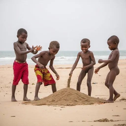 Prompt: Children aged 1-12 years playing on sand by the beach in a local region of Nigeria 