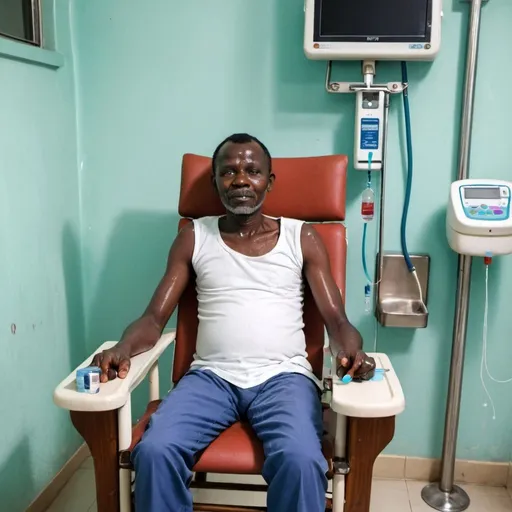 Prompt: Diabetic patient on sitting on a rocking chair with drip in hand in a Nigerian hospital