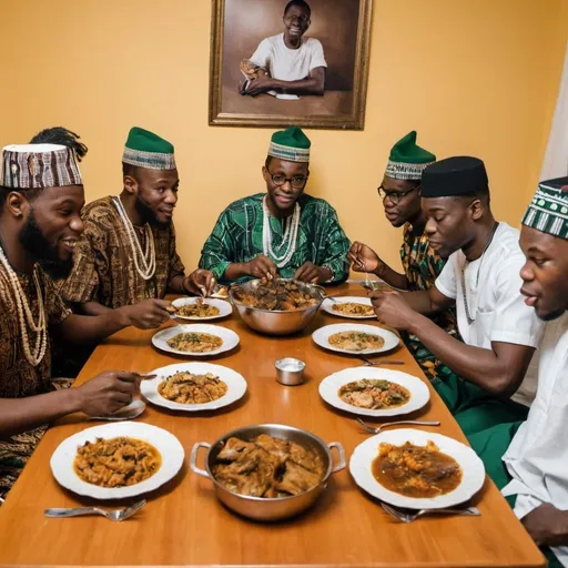Prompt: 6 Nigeria men aged 25, 35, 45, 45, , 55, 65,
Sitting at a dinner table eating a meal with main dish catfish dressed in 6 different Nigerian tribal attire 