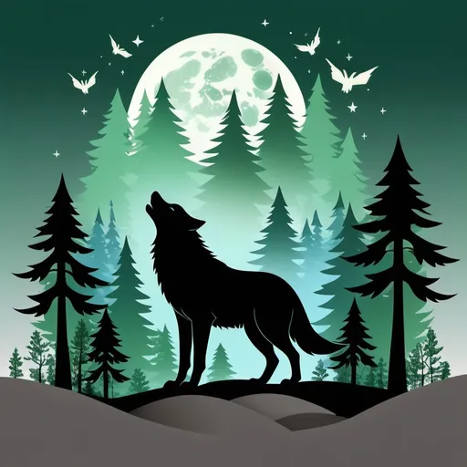 Prompt: Theme: Harmony with Nature
Animal: Wolf

Design Elements:

Colors:

Forest Green: Represents nature and growth.
Stone Gray: Symbolizes strength and stability.
Sky Blue: Stands for peace and tranquility.
Symbols:

Wolf: A stylized silhouette of a wolf howling at a moon, representing community, loyalty, and the connection to nature.
Layout:

Background: A gradient from forest green at the bottom to sky blue at the top.
Wolf: Positioned in the center in stone gray, howling upward, with a white crescent moon behind it.
Additional Elements:

Pine Trees: Silhouettes of pine trees at the bottom to enhance the natural theme.
Stars: A few small white stars scattered in the blue section, symbolizing guidance and exploration.
Concept:
This flag embodies the spirit of community and connection to nature, using the wolf as a symbol of loyalty and strength. It’s perfect for a group focused on conservation, outdoor
 activities, or community unity.

DESIGN ME A FLAG BASED ON THIS