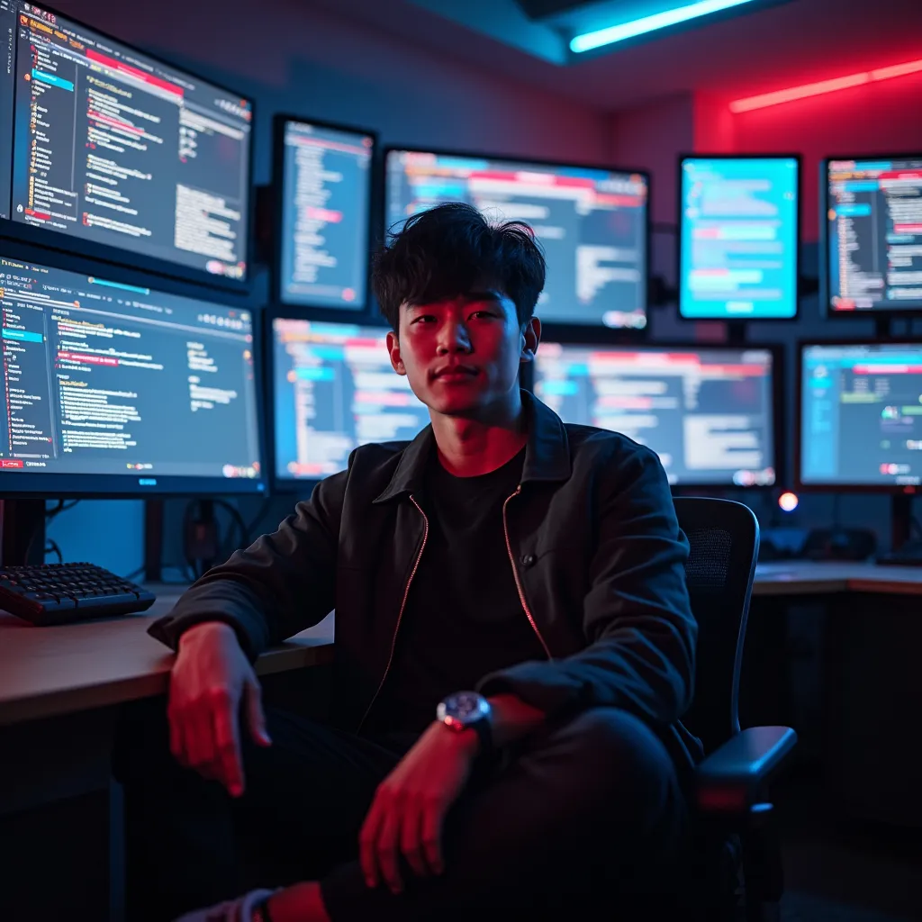 Prompt: A young Vietnamese man sitting confidently in a modern office, dressed smart casual, surrounded by digital screens showing ChatGPT interfaces, cinematic lighting, cyberpunk colors
