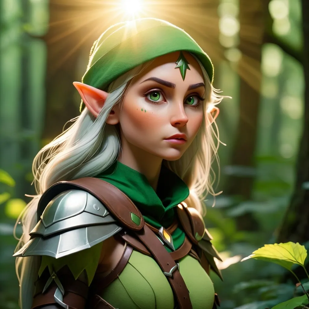Prompt: Elf ranger in a mystical forest around sunlight