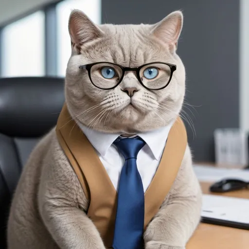 Prompt: gold British Shorthair in Business Suit and Tie Sits with blue eyes eyeglass ,at an office