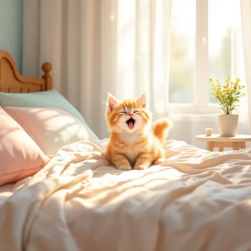 Prompt: 一只小猫在卧室床上刚刚睡醒，在打着哈欠