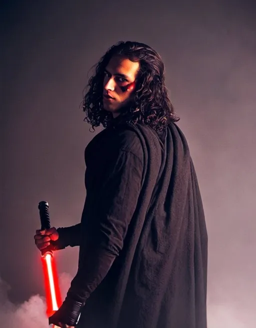 Prompt: imagine to be in the star wars universe and create a sith with a red lightsaber, yellow eyes in a dark fog ambient