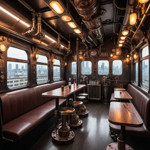 Prompt: a steampunk and cyberpunk train car tap room with small cocktail table booths and exposed plumbing and gears. there are large windows to see the tokyo city and neon lights