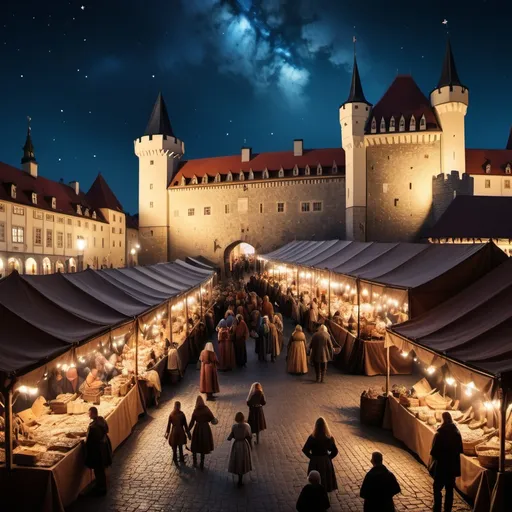 Prompt: A medieval market, surrounding the royal castle, medieval style, night sky, vibrant, full of people