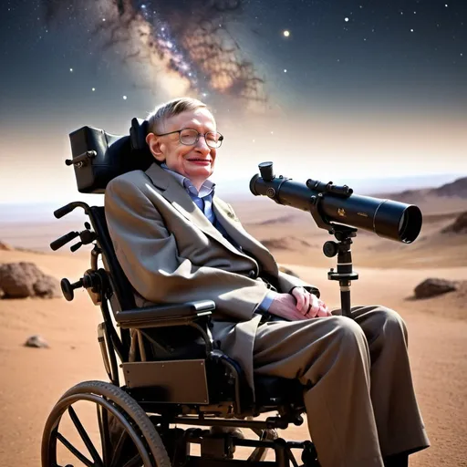 Prompt: Stephen Hawking in Ramon crater, in a weelchair, looking at the stars through a telescope, milkyway, detailed smile facial expression, high quality, realistic, steampunk, warm tones, dramatic lighting, intense concentration