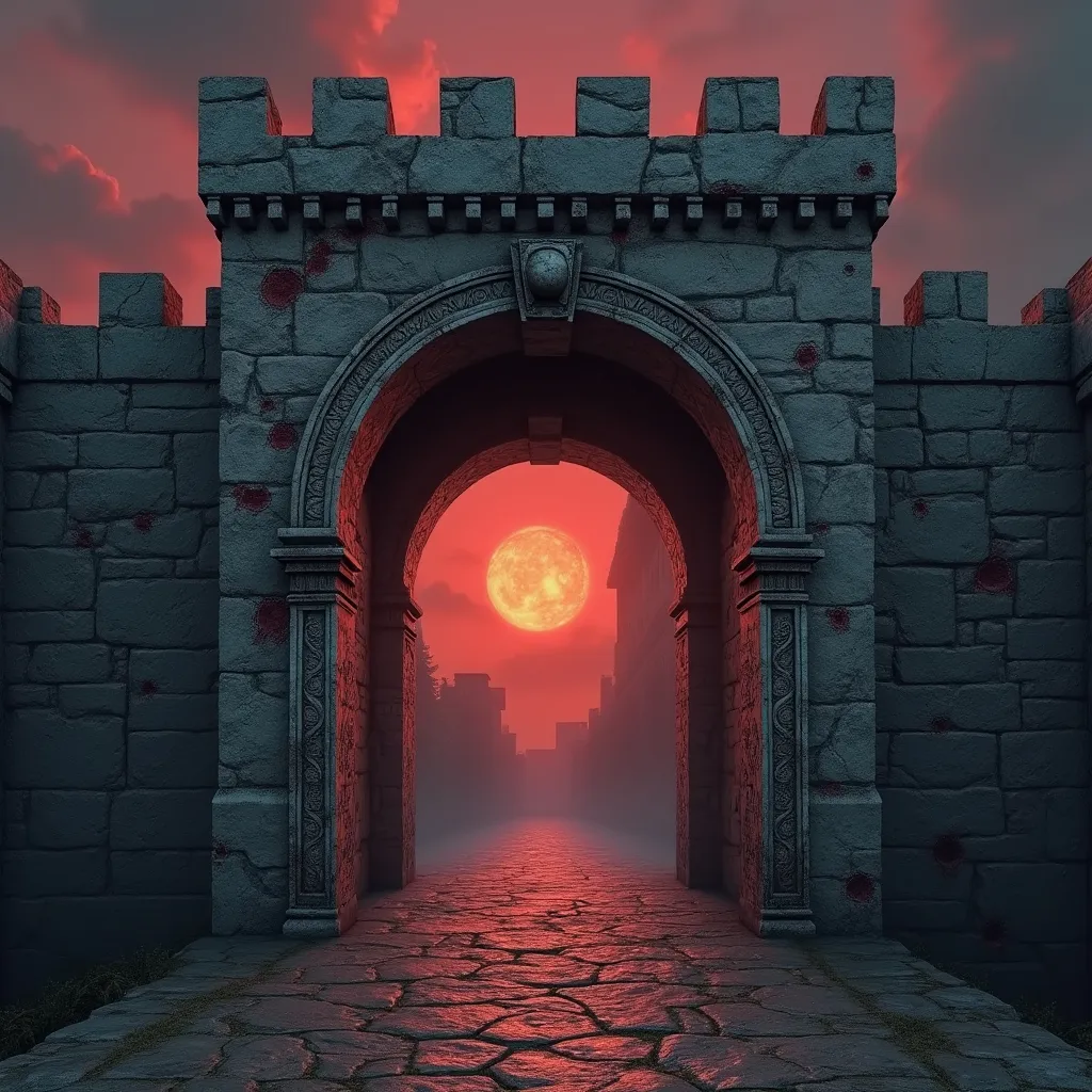 Prompt: Generate a medieval game login screen. In the foreground, design a weathered, bloodstained stone archway framing the login interface, adorned with intricate carvings and battle scars reminiscent of medieval craftsmanship and state of war. The sky above should be dark and tinged with red hues and slight fog, adding an aura of mystery and adventure to the scene.