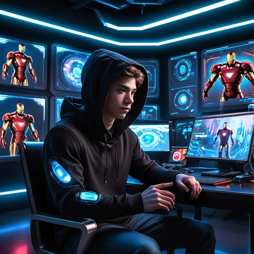 Prompt: A highly detailed, ultra-realistic digital painting of a young male character wearing a black hoodie, sitting in front of a futuristic Marvel-themed tech setup. The background features glowing high-tech gadgets, holographic screens inspired by Iron Man's lab, futuristic monitors displaying superhero data, and an advanced sci-fi workstation. The lighting is dramatic, with red and blue neon glows creating a cinematic and immersive atmosphere. The character looks confident, as if preparing for a mission, in a Marvel-inspired high-tech environment."