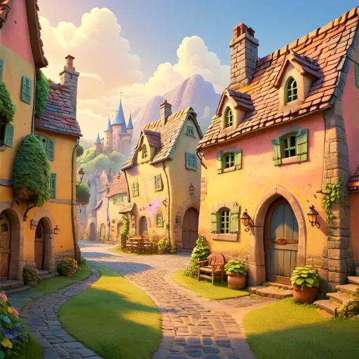 Prompt: Colorful Disney-style landscape of a medieval village, featuring charming cottages, cobblestone streets, vibrant greenery, and a castle in the background, with whimsical characters and animals, soft pastel colors, and a magical, fairytale atmosphere