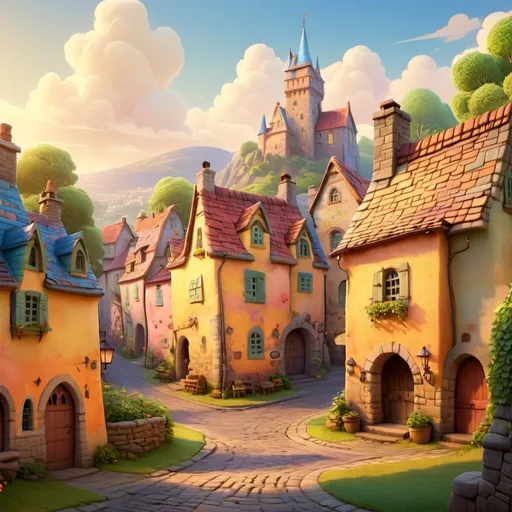 Prompt: Colorful Disney-style landscape of a medieval village, featuring charming cottages, cobblestone streets, vibrant greenery, and a castle in the background, with whimsical characters and animals, soft pastel colors, and a magical, fairytale atmosphere