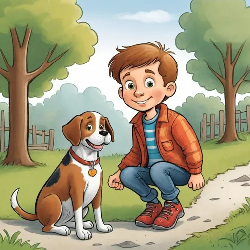 Prompt: Sam has a dog. Illustrations for grade 2 book. cartoon