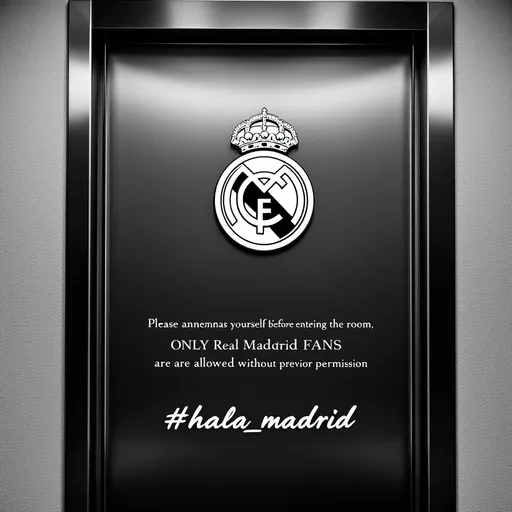 Prompt: black and white, sign with Real Madrid logo, text: "Please announce yourself before entering the room, ONLY Real Madrid FANS are allowed without prior permission", logo prominently displayed, "#hala_madrid" elegantly inscribed below the logo, clean minimalistic design, bold typography, strong visual contrast, attention-grabbing layout, professional quality, appealing to fans and visitors.