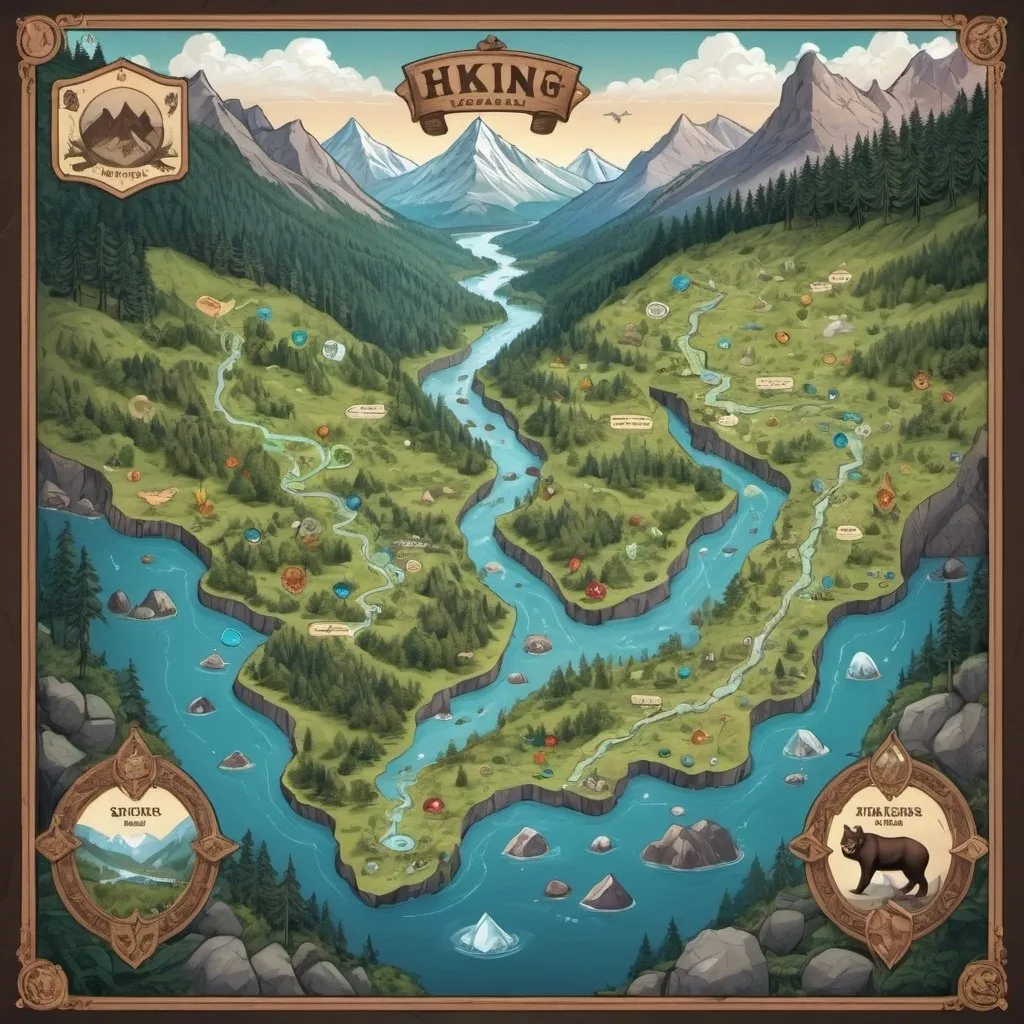 a hiking map with dense forests, rivers, and emblems...