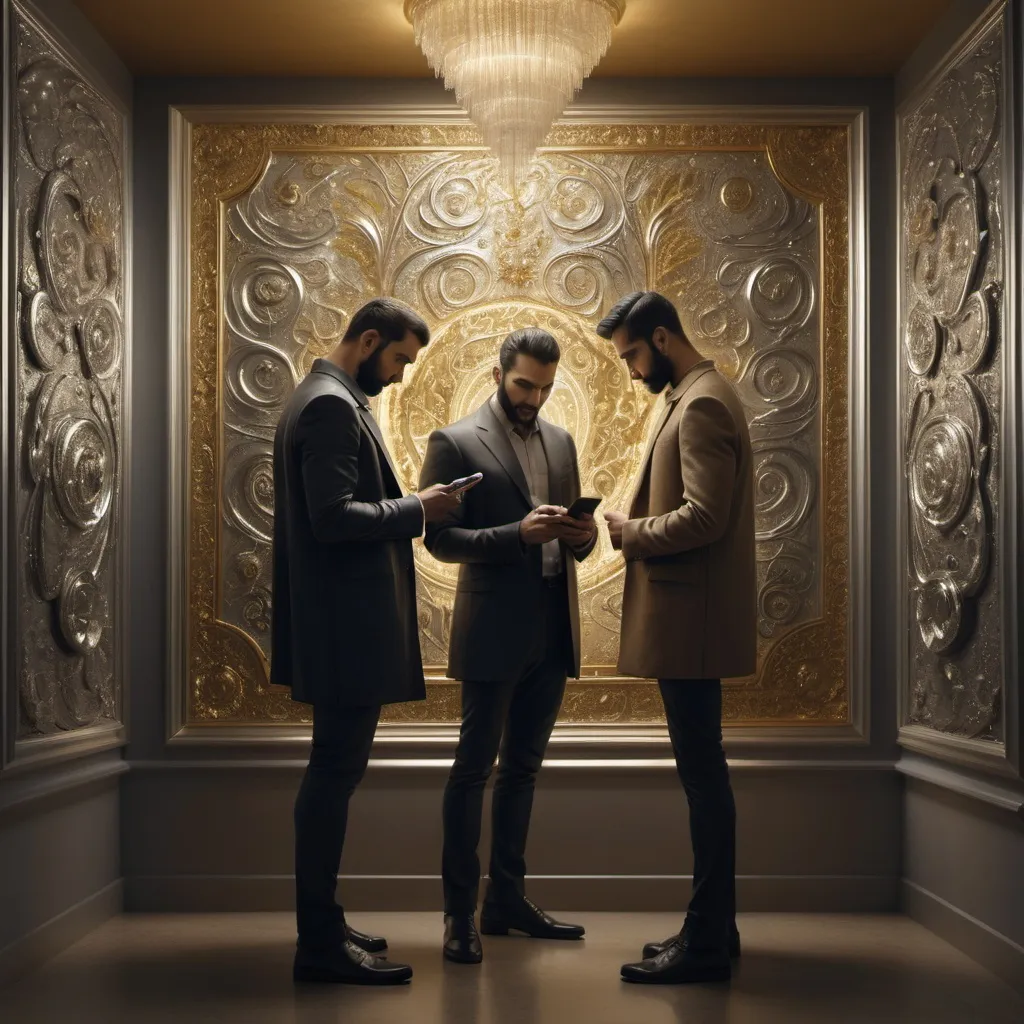 Prompt: two men standing in a room looking at a cell phone together, with a wall decorated with gold and silver designs, Daryush Shokof, aestheticism, vfx, a picture