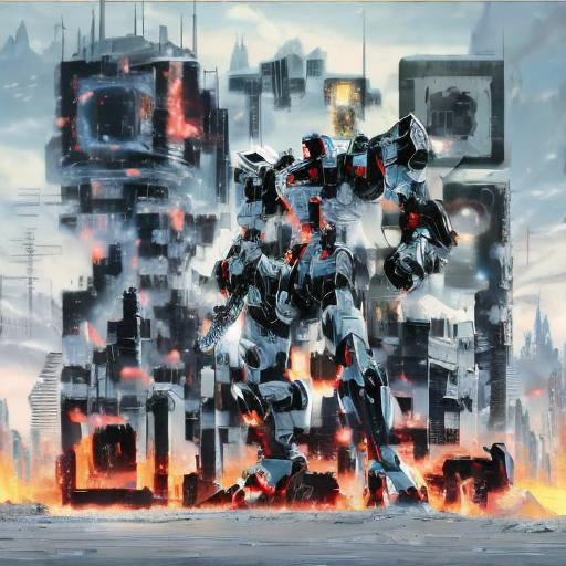 Prompt: masterpiece, best quality, mecha, no humans, black armor, blue eyes, science fiction, fire, laser canon beam, war, conflict, destroyed city background