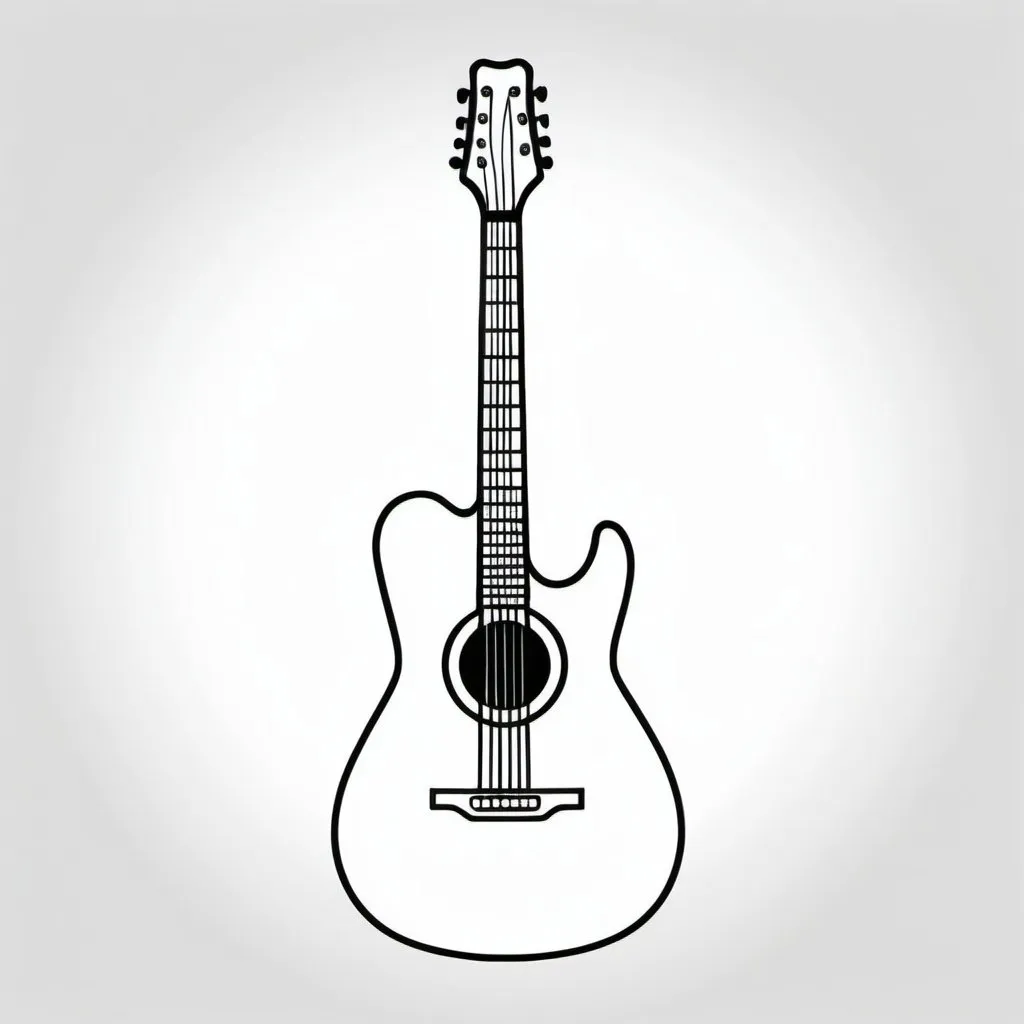 Prompt: guitar, simple design for coloring book, blank drawing ink outline simple outline of a guitar that can use for coloring with thick outline