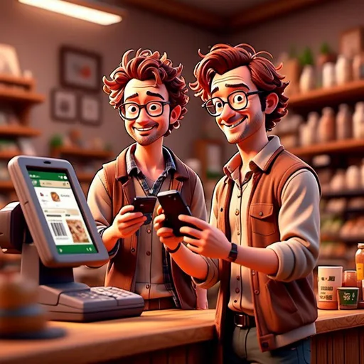 Prompt: <mymodel> at the cash register opaying using his phone,   showing his phone to the cashier, the screen of the phone shows a QR code. the cahiers is holding a barcode scanner

