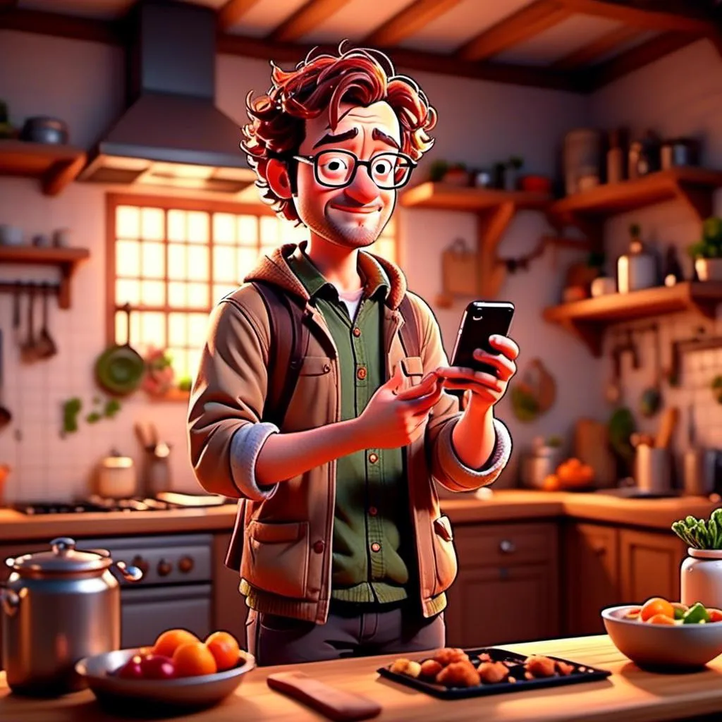 Prompt: <mymodel> cooking , holding a wooden spoon in left hand and his phone is his right hand