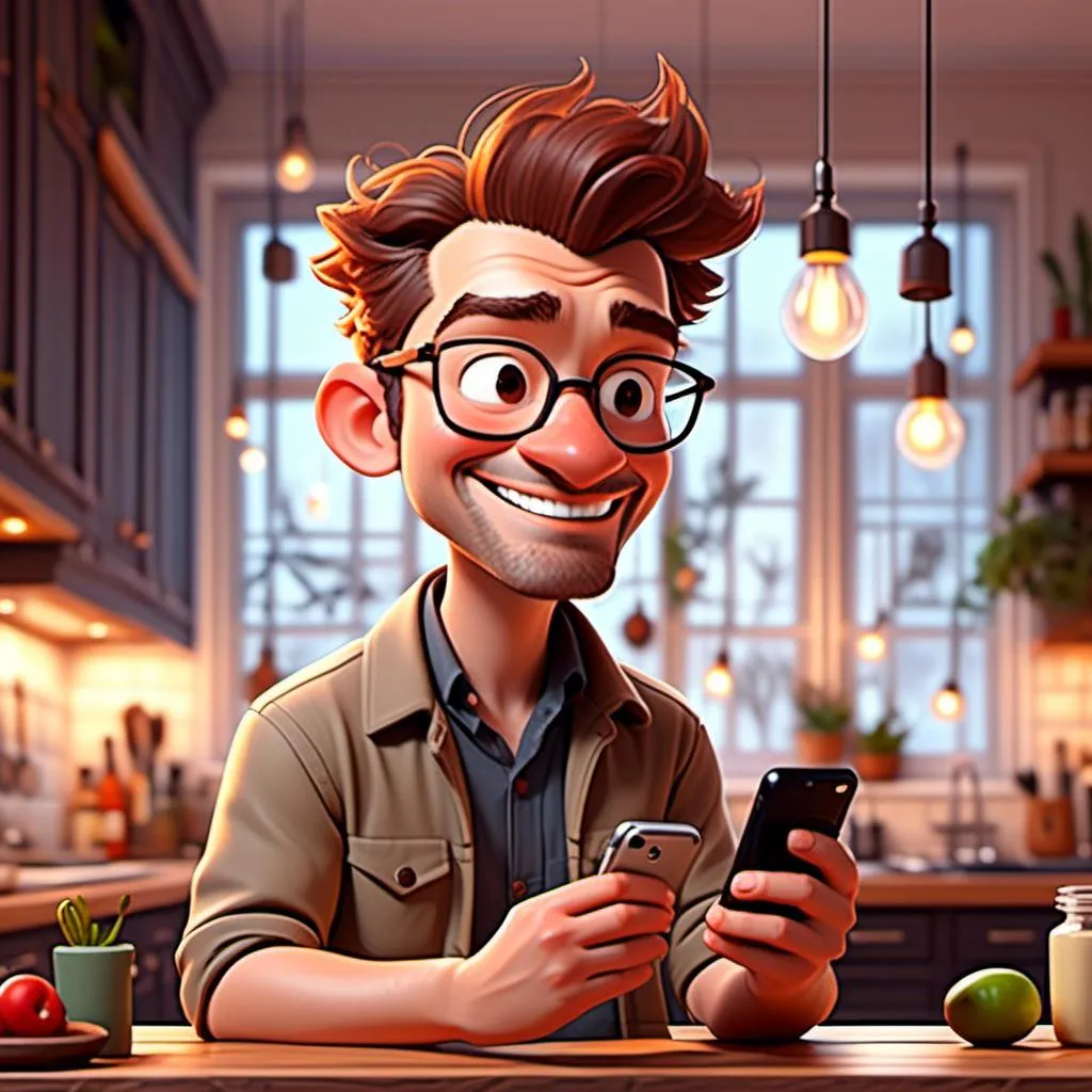 Prompt: <mymodel>(character sitting on a barstool, shoulder view, looking at his phone), happy expression, browsing recipes, cozy kitchen ambiance, modern kitchen island, minimalistic design elements, warm lighting, soft color tones, inviting atmosphere, culinary inspiration, ultra-detailed, high-resolution, realistic textures, comfortable and relaxed environment.