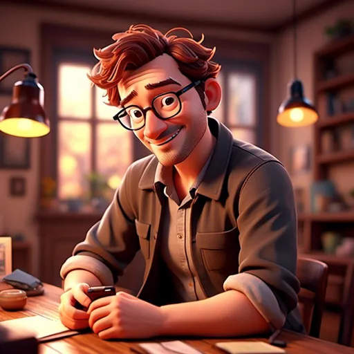 Prompt: <mymodel> thomas, 34-year-old man with glasses, messy brown hair,  casual attire, glowing warm light, inviting atmosphere,4K ultra-detailed image, cozy and homey vibe, focusing on the everyday life of a professional.,  happy expression,  , warm lighting, soft color tones, inviting atmosphere,  ultra-detailed, high-resolution, realistic textures, comfortable and relaxed environment.