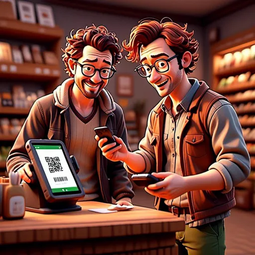 Prompt: <mymodel> at the cash register opaying using his phone,   showing his phone to the cashier, the screen of the phone shows a QR code. the cahiers is holding a barcode scanner

