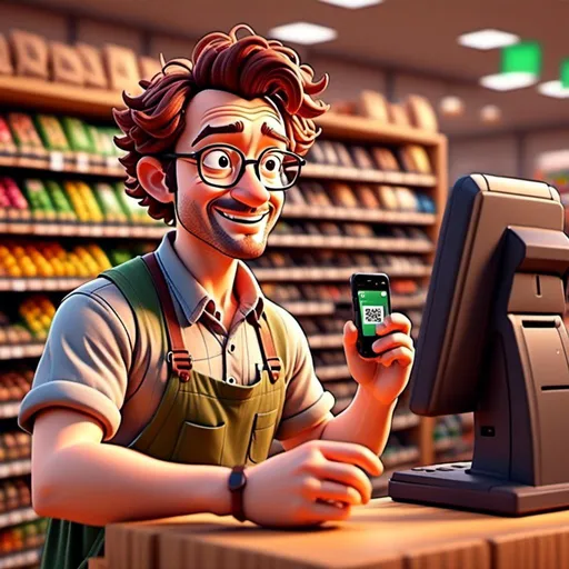 Prompt: <mymodel> at the cash register of the grocery store. getting his phone scannede with a barcode scanner by the cashier   