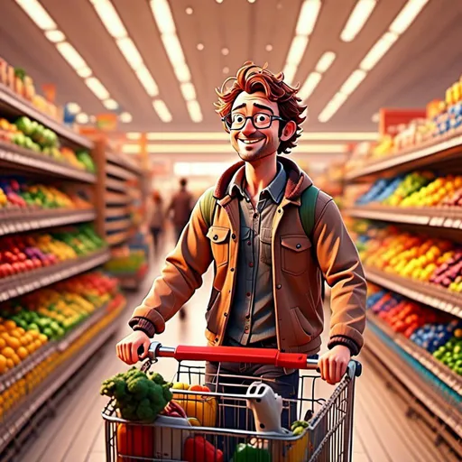 Prompt: <mymodel>(mymodel) pushing a shopping cart in a vibrant grocery store, filled with colorful groceries, bright cereal boxes, joyful atmosphere, (realistic, dynamic action), detailed expressions, engaging scene, grocery aisle prominently featured, soft warm lighting highlighting the products, high resolution, ultra-detailed image reflecting daily life activity.