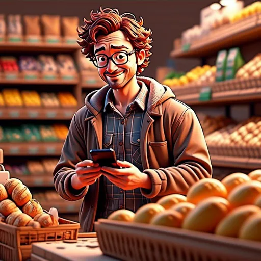 Prompt: <mymodel> at the cash register of the grocery store. buying 5 loafs of bread, showing his phone to the cashier
